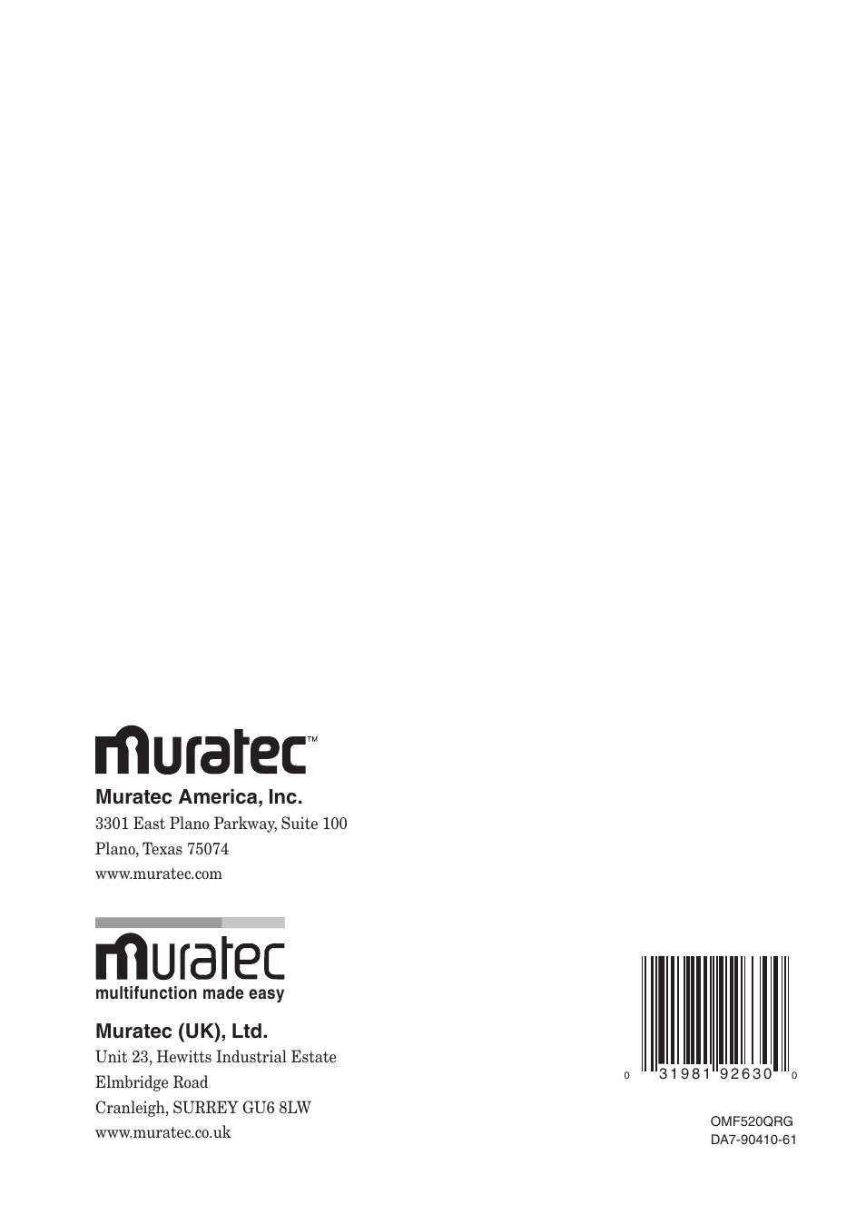 Muratec america, inc, Muratec (uk), ltd | Muratec F-560 User Manual | Page 28 / 28