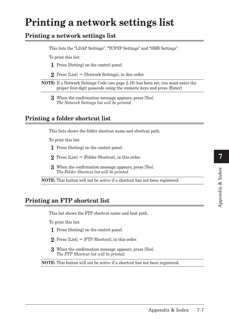 Printing a network settings list, Printing a folder shortcut list, Printing an ftp shortcut list | Printing a network settings list -7, Printing a folder shortcut list -7, Printing an ftp shortcut list -7, 6) and view the, Printing.a.folder.shortcut.list, Printing.an.ftp.shortcut.list | Muratec MFX-1430 User Manual | Page 118 / 120