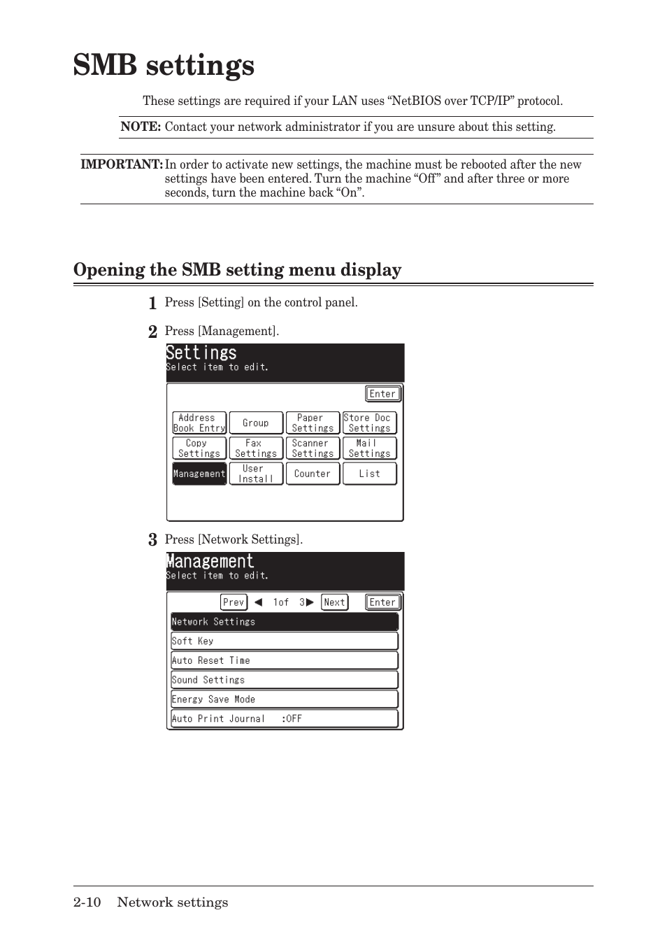 Smb settings, Opening the smb setting menu display, Smb settings -10 | Opening the smb setting menu display -10, Smb.settings, Opening.the.smb.setting.menu.display | Muratec MFX-1430 User Manual | Page 17 / 120