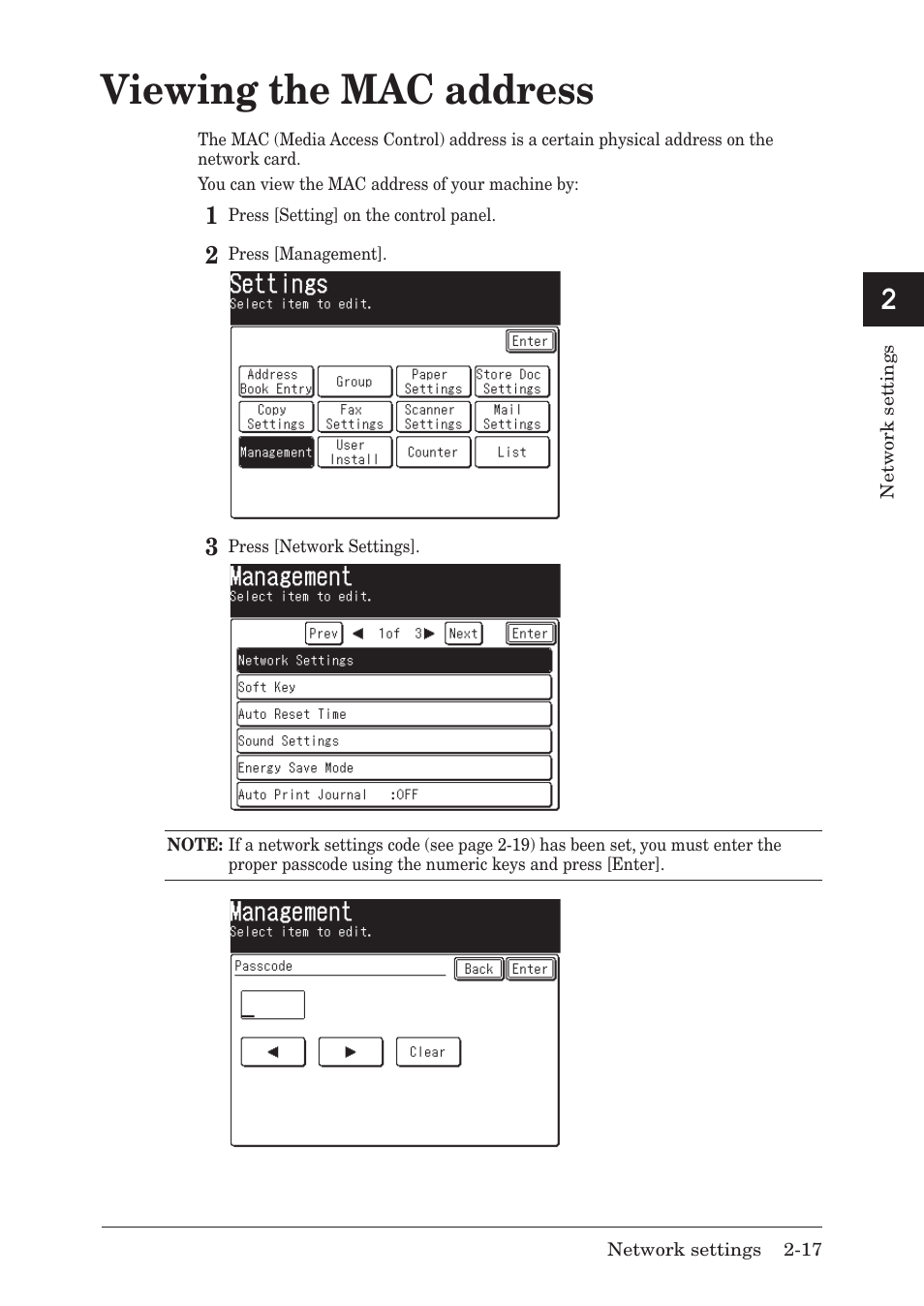 Viewing the mac address, Viewing the mac address -17, Viewing.the.mac.address | Muratec MFX-1430 User Manual | Page 24 / 120