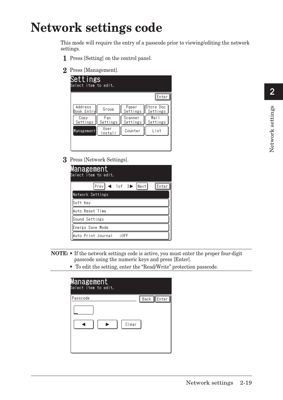 Network settings code, Network settings code -19, Network.settings.code | Muratec MFX-1430 User Manual | Page 26 / 120