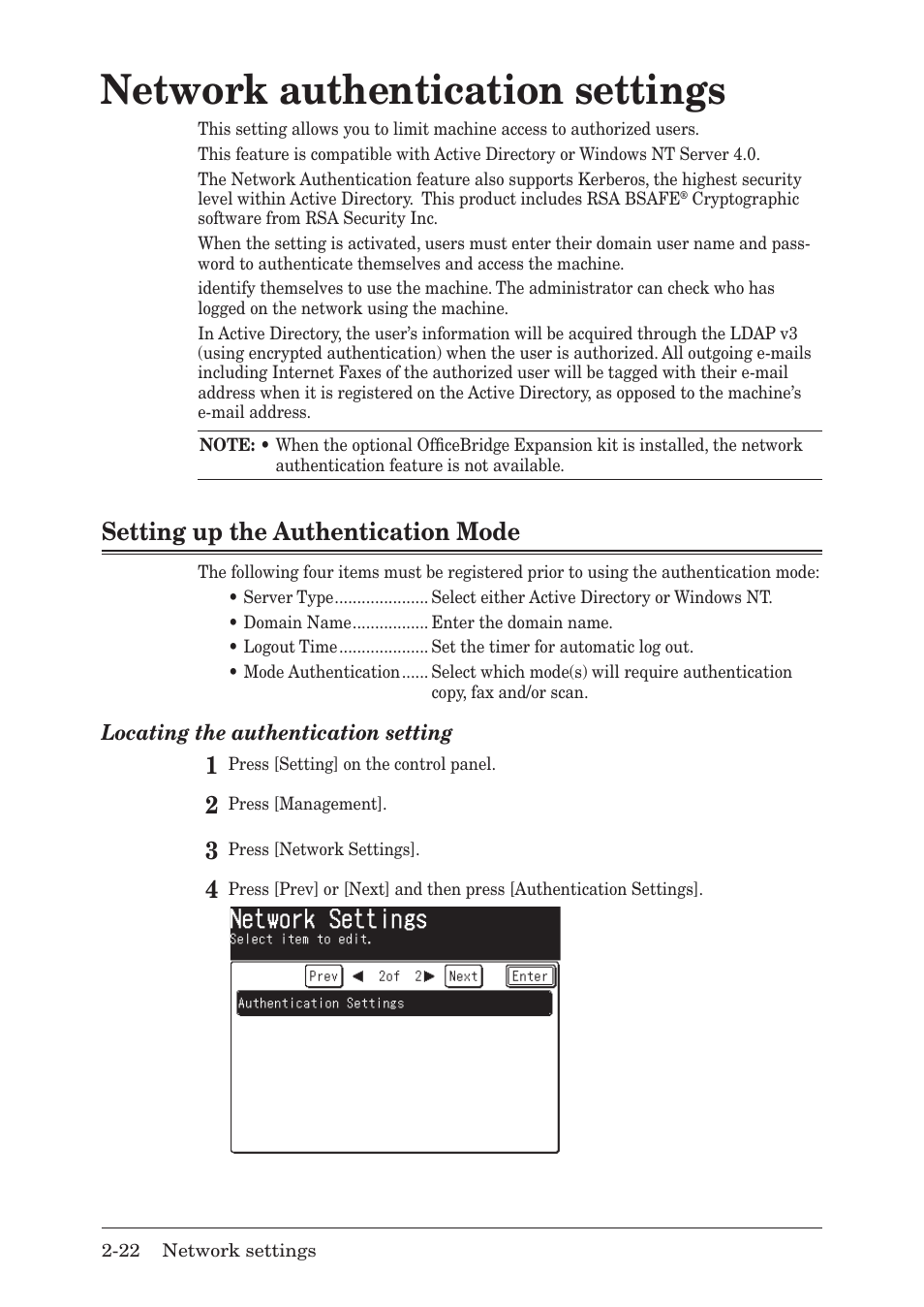 Network authentication settings, Setting up the authentication mode, Network authentication settings -22 | Setting up the authentication mode -22, Network.authentication.settings, Setting.up.the.authentication.mode | Muratec MFX-1430 User Manual | Page 29 / 120