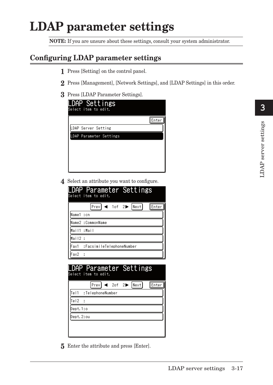 Ldap parameter settings, Configuring ldap parameter settings, Ldap parameter settings -17 | Configuring ldap parameter settings -17, Ldap.parameter.settings | Muratec MFX-1430 User Manual | Page 52 / 120