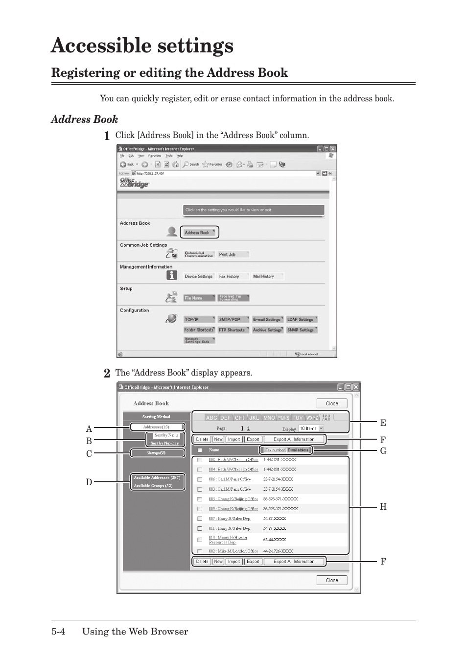 Accessible settings, Registering or editing the address book, Accessible settings -4 | Registering or editing the address book -4, Accessible.settings, Registering.or.editing.the.address.book | Muratec MFX-1430 User Manual | Page 63 / 120