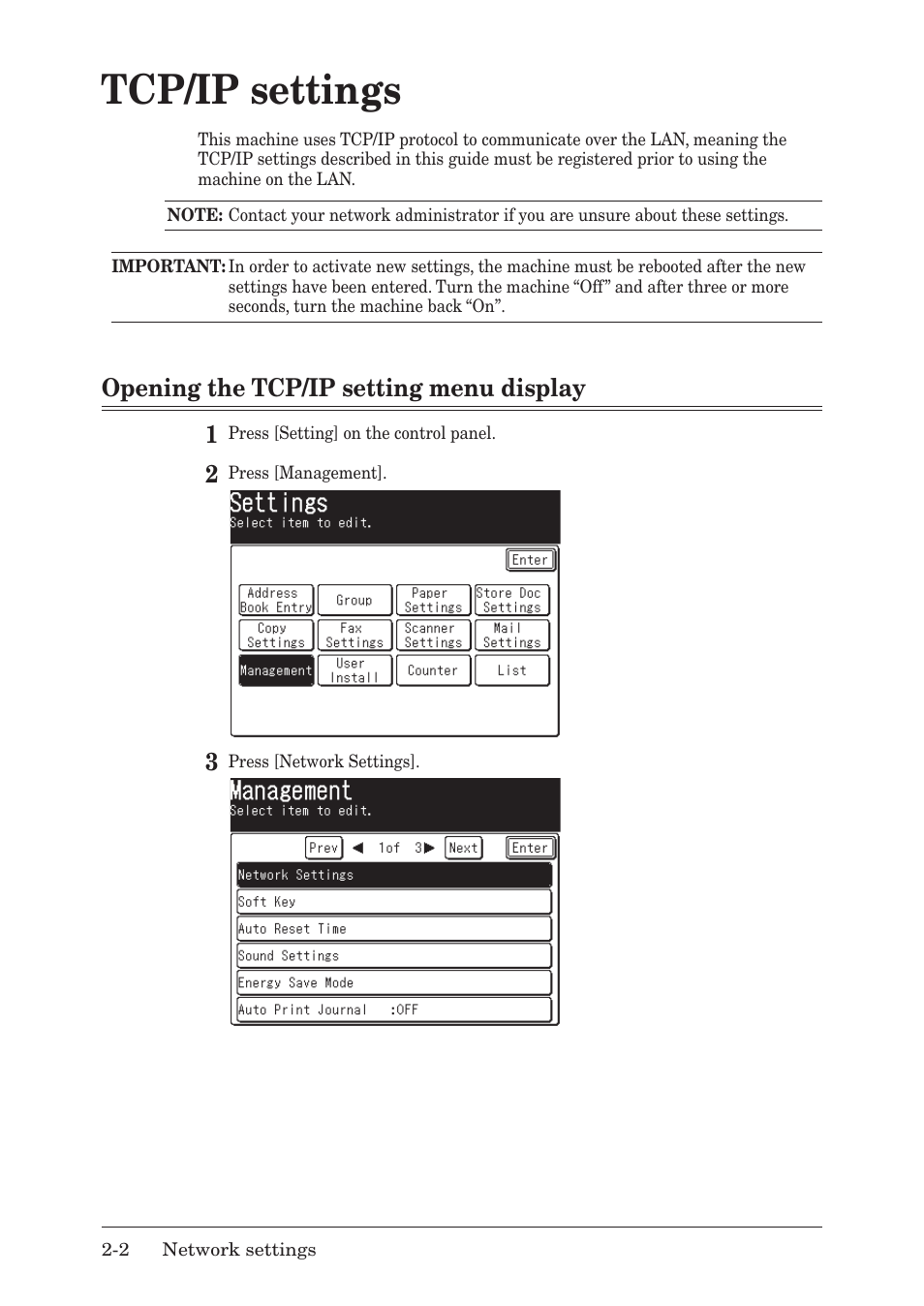 Tcp/ip settings, Opening the tcp/ip setting menu display, Tcp/ip settings -2 | Opening the tcp/ip setting menu display -2, Tcp/ip.settings, Opening.the.tcp/ip.setting.menu.display | Muratec MFX-1430 User Manual | Page 9 / 120