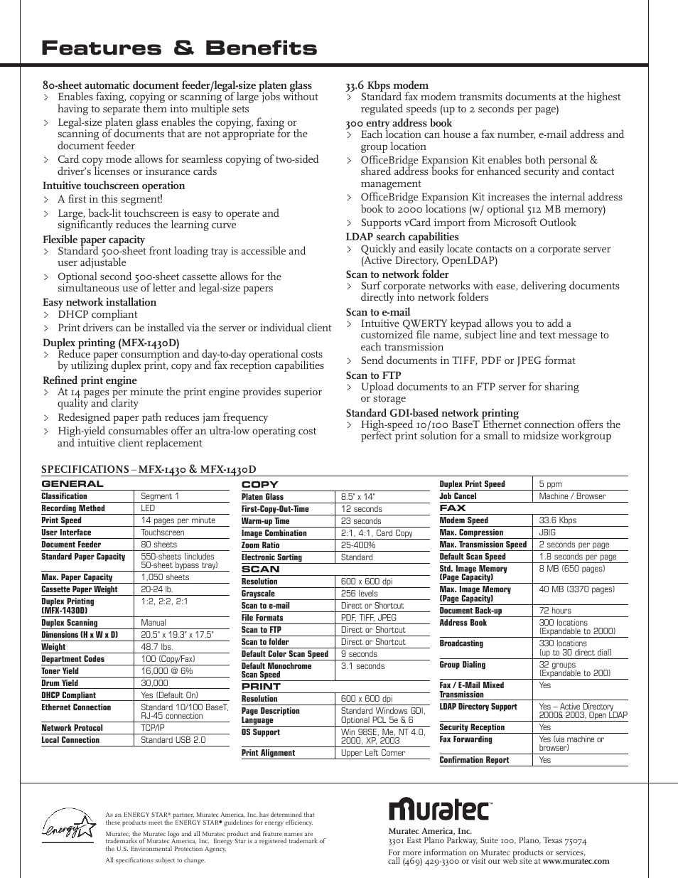 Features & benefits | Muratec MFX-1430D User Manual | Page 2 / 2