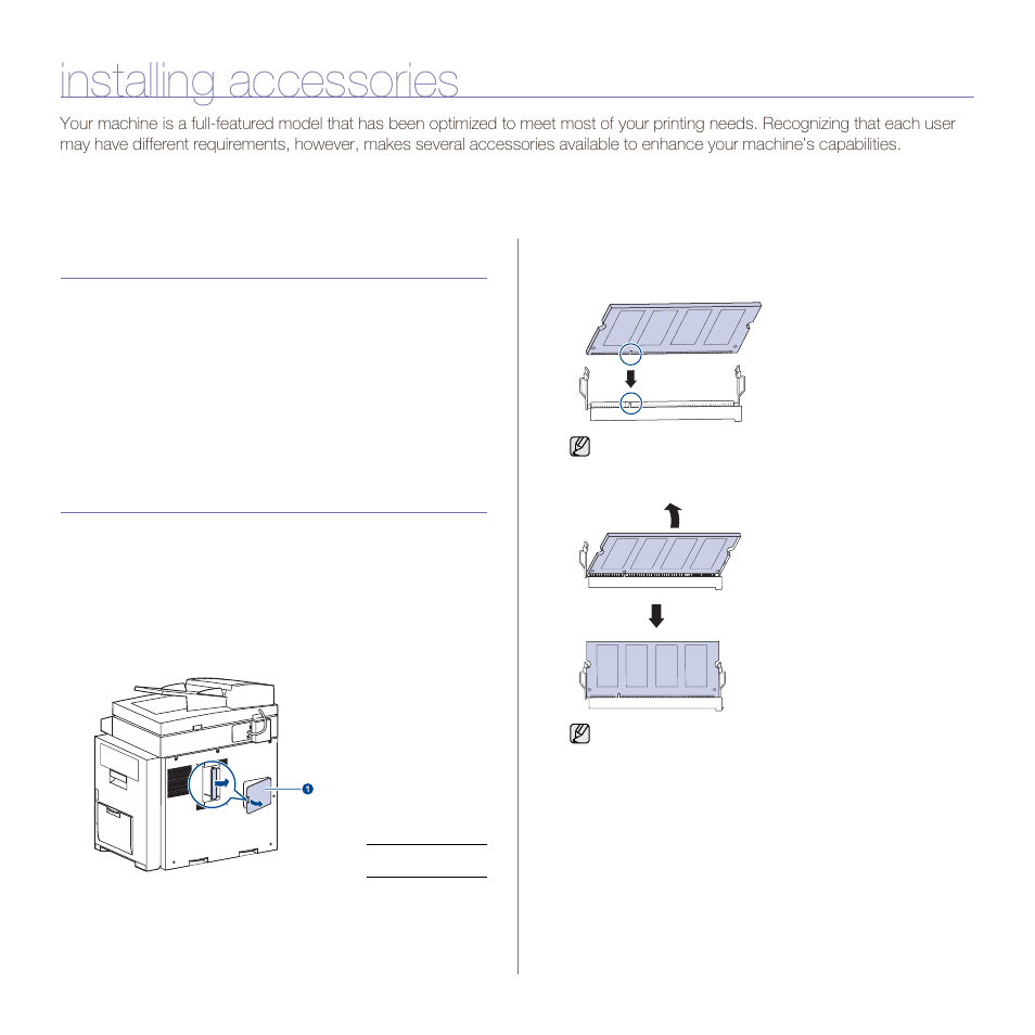 Installing accessories, Precautions to take when installing accessories, Installing a memory dimm | Installing a memory module | Muratec M F X - 5 5 5 5 User Manual | Page 110 / 122