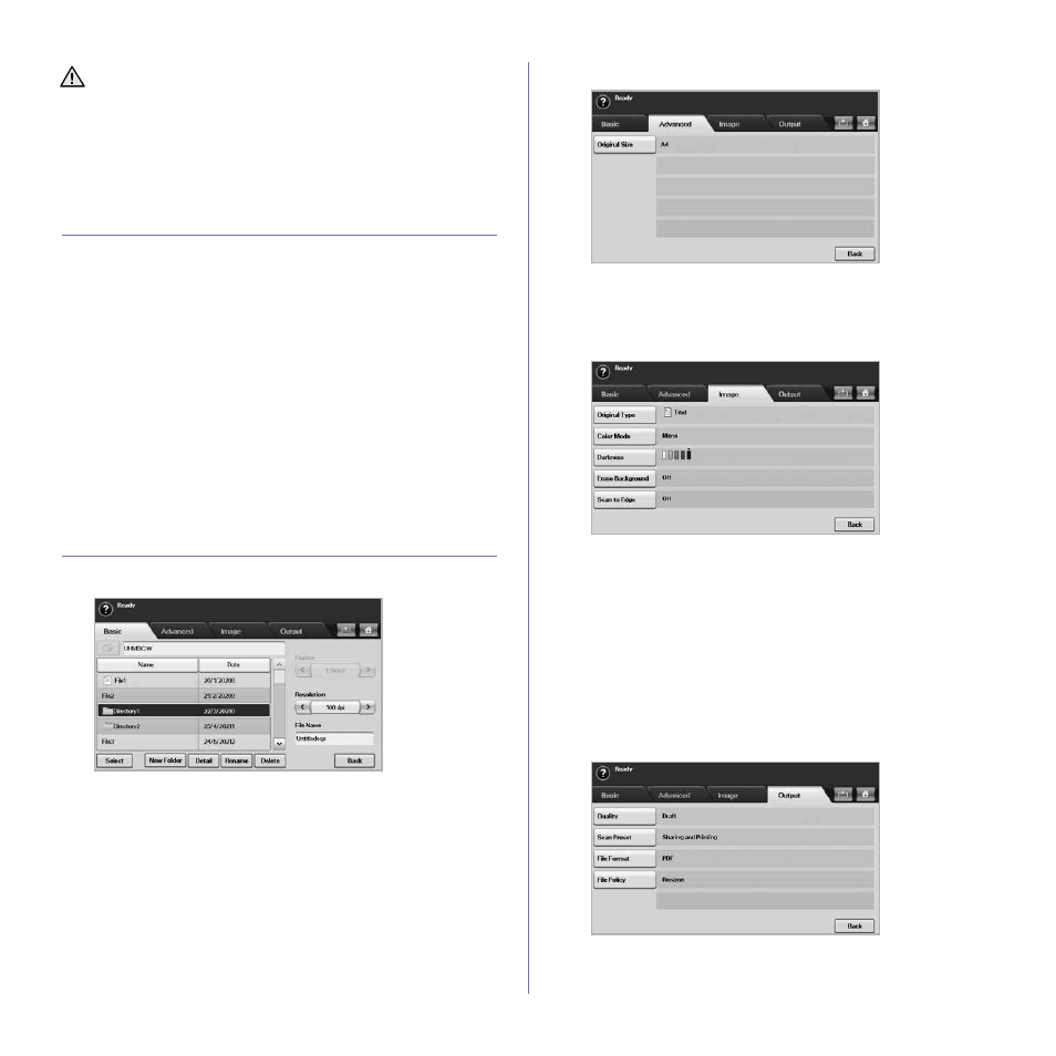 Scanning to an usb memory device, Scanning, Scan to usb | Basic tab, Advanced tab, Image tab, Output tab | Muratec M F X - 5 5 5 5 User Manual | Page 69 / 122