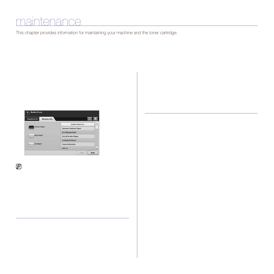 Maintenance, Printing a machine report, Monitoring the supplies life | Finding the serial number, Sending the imaging unit reorder notification, Sending the toner reorder notification | Muratec M F X - 5 5 5 5 User Manual | Page 81 / 122