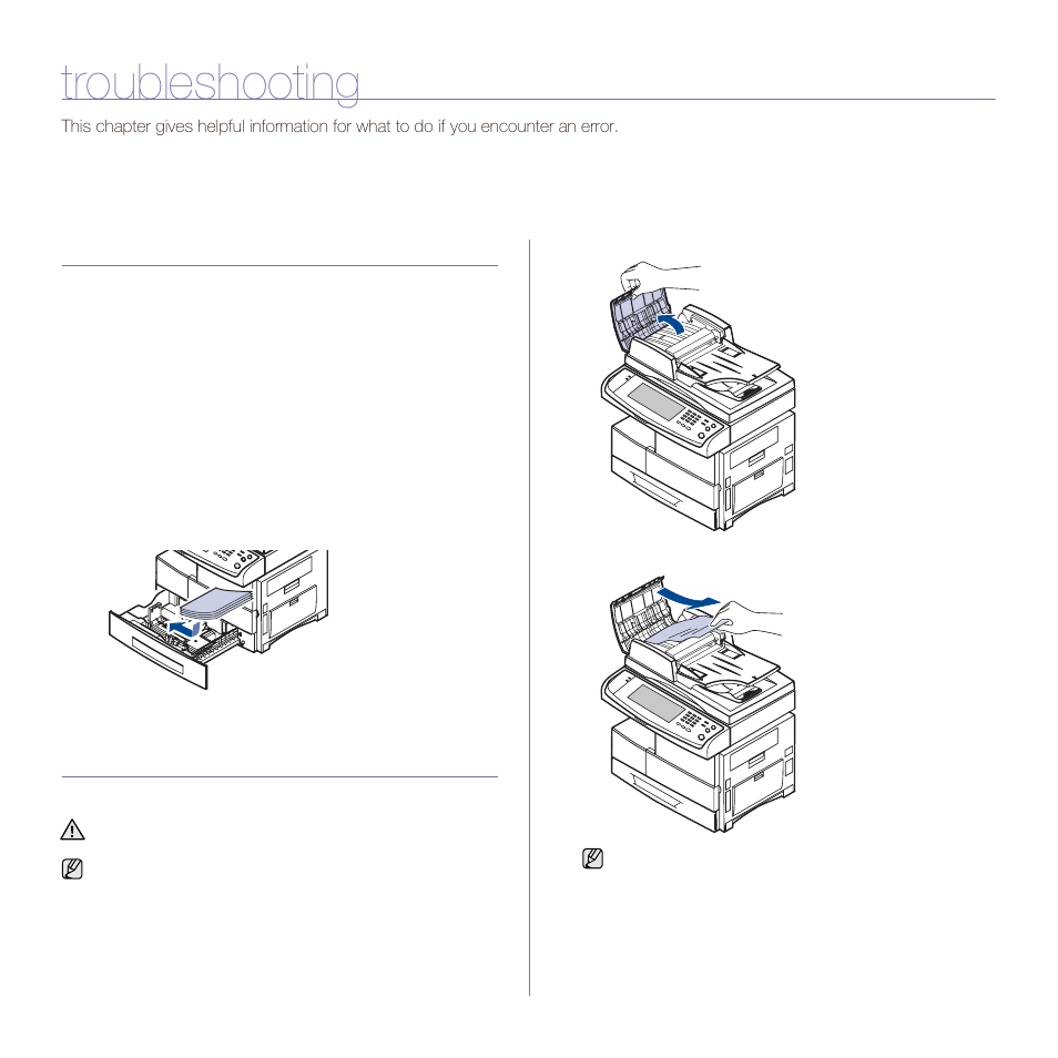 Troubleshooting, Tips for avoiding paper jams, Clearing document jams | Muratec M F X - 5 5 5 5 User Manual | Page 87 / 122
