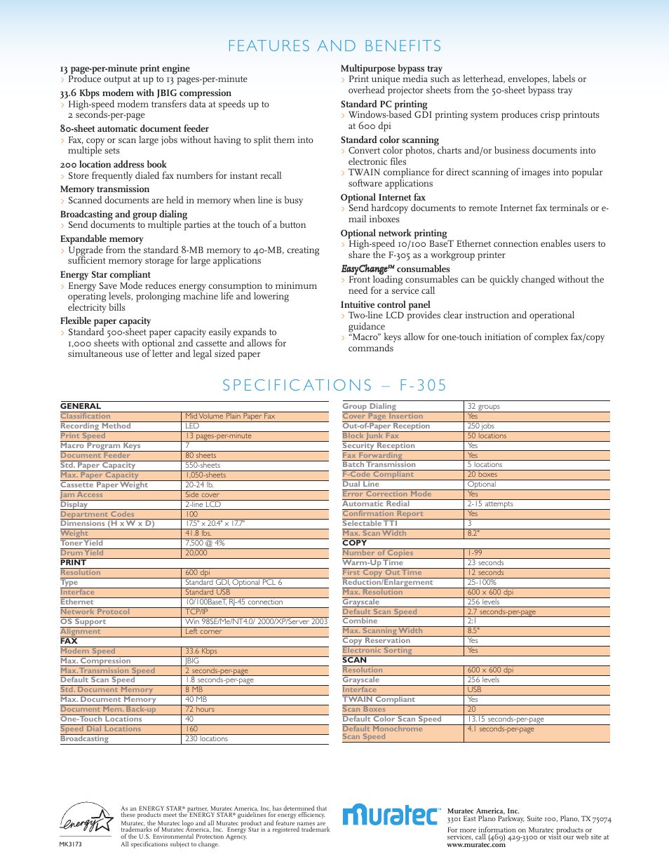 Features and benefits | Muratec F-305 User Manual | Page 2 / 2