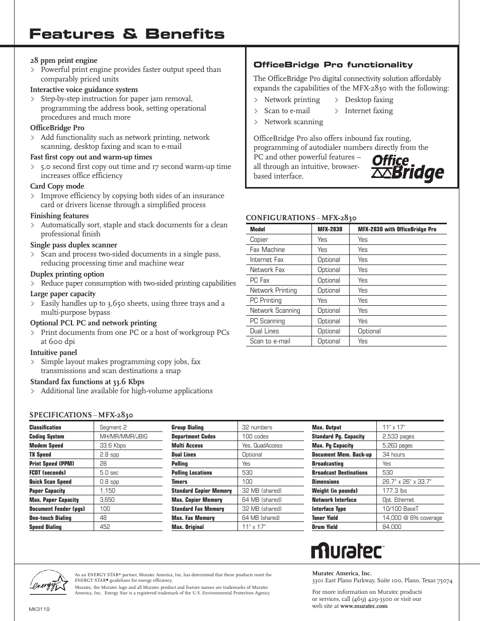 Features & benefits | Muratec MFX-2830 User Manual | Page 2 / 2