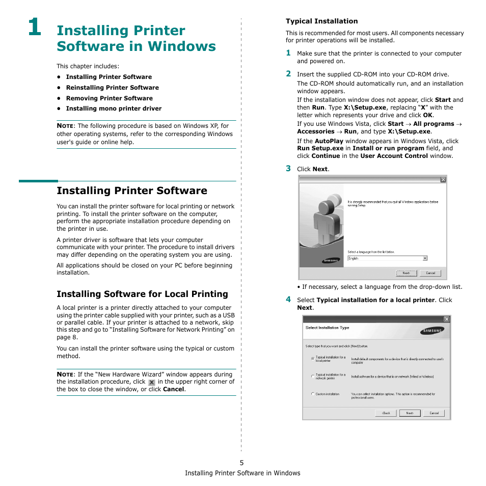 Installing printer software in windows, Installing printer software, Installing software for local printing | Chapter 1, Nstalling, Rinter, Oftware, Indows | Muratec Multi Functional Printer MFX-C2500 User Manual | Page 116 / 160