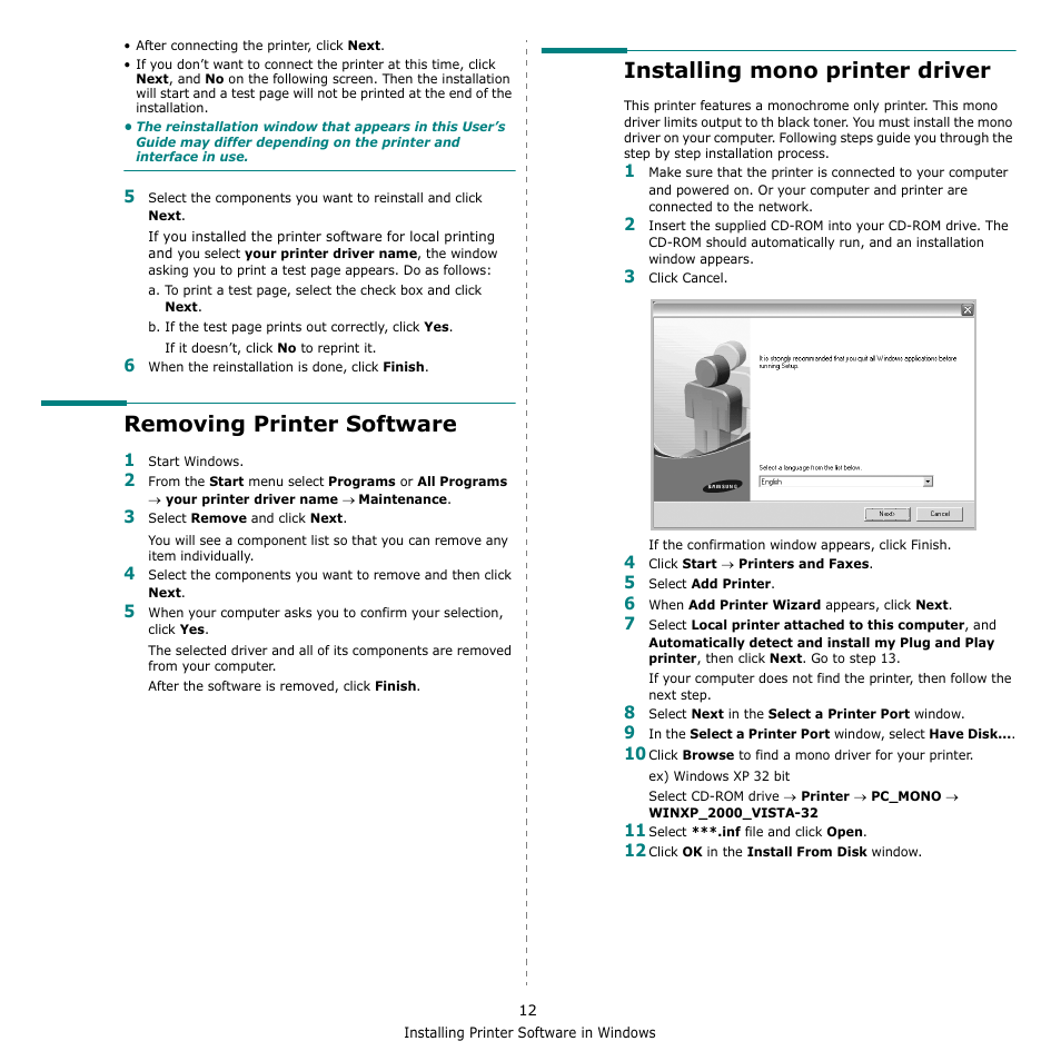 Removing printer software, Installing mono printer driver | Muratec Multi Functional Printer MFX-C2500 User Manual | Page 123 / 160