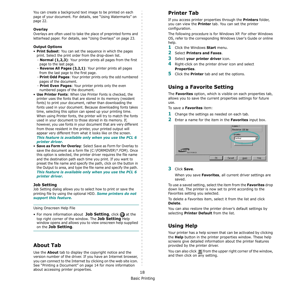 About tab, Printer tab, Using a favorite setting | Using help | Muratec Multi Functional Printer MFX-C2500 User Manual | Page 129 / 160