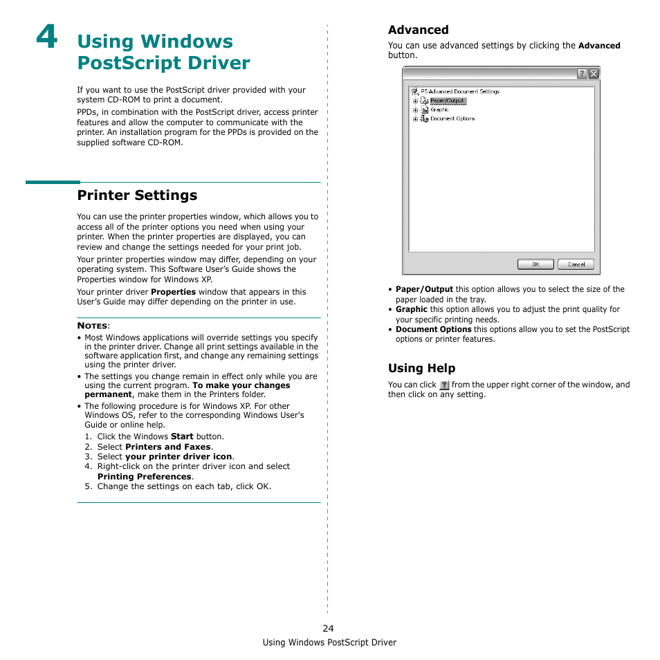 Using windows postscript driver, Advanced, Using help | Chapter 4, Sing, Indows, Cript, River, Advanced using help, Printer settings | Muratec Multi Functional Printer MFX-C2500 User Manual | Page 135 / 160