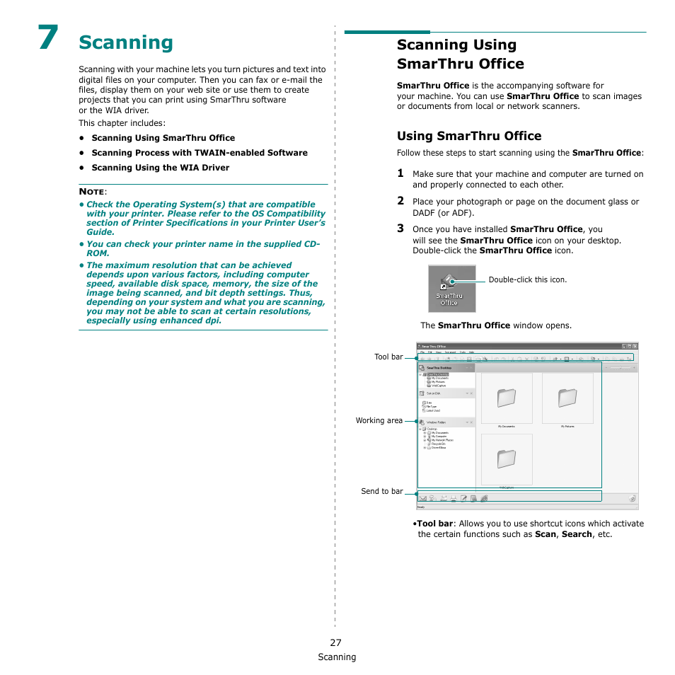 Scanning, Scanning using samsung smarthru office, Using samsung smarthru office | Chapter 7, Canning, Scanning using, Smarthru office, Using, Scanning using smarthru office | Muratec Multi Functional Printer MFX-C2500 User Manual | Page 138 / 160