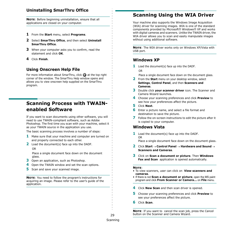 Uninstalling samsung smarthru office, Using onscreen help file, Scanning process with twain- enabled software | Scanning using the wia driver, Windows xp, Windows vista, Uninstalling, Smarthru office, Windows xp windows vista, Uninstalling smarthru office | Muratec Multi Functional Printer MFX-C2500 User Manual | Page 140 / 160