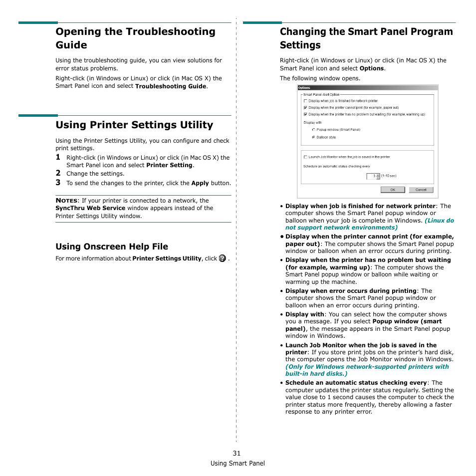 Opening the troubleshooting guide, Using printer settings utility, Using onscreen help file | Changing the smart panel program settings | Muratec Multi Functional Printer MFX-C2500 User Manual | Page 142 / 160