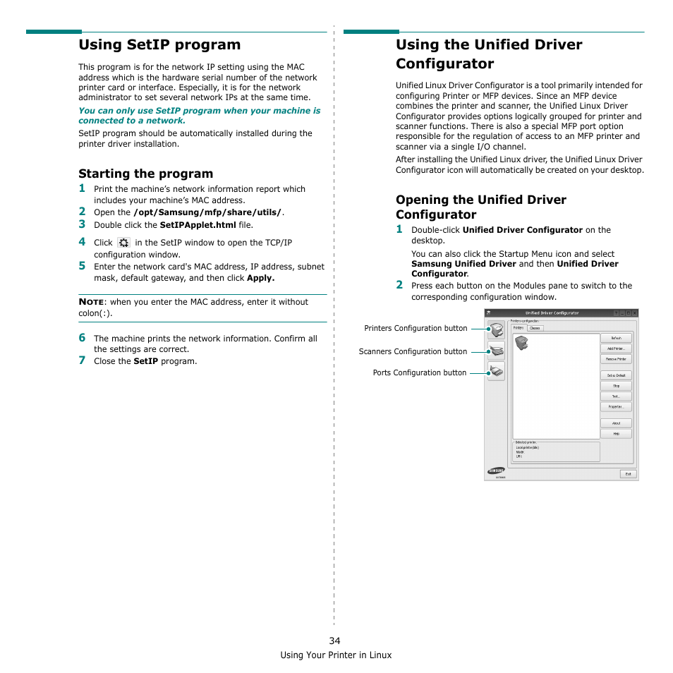 Using setip program, Starting the program, Using the unified driver configurator | Opening the unified driver configurator | Muratec Multi Functional Printer MFX-C2500 User Manual | Page 145 / 160