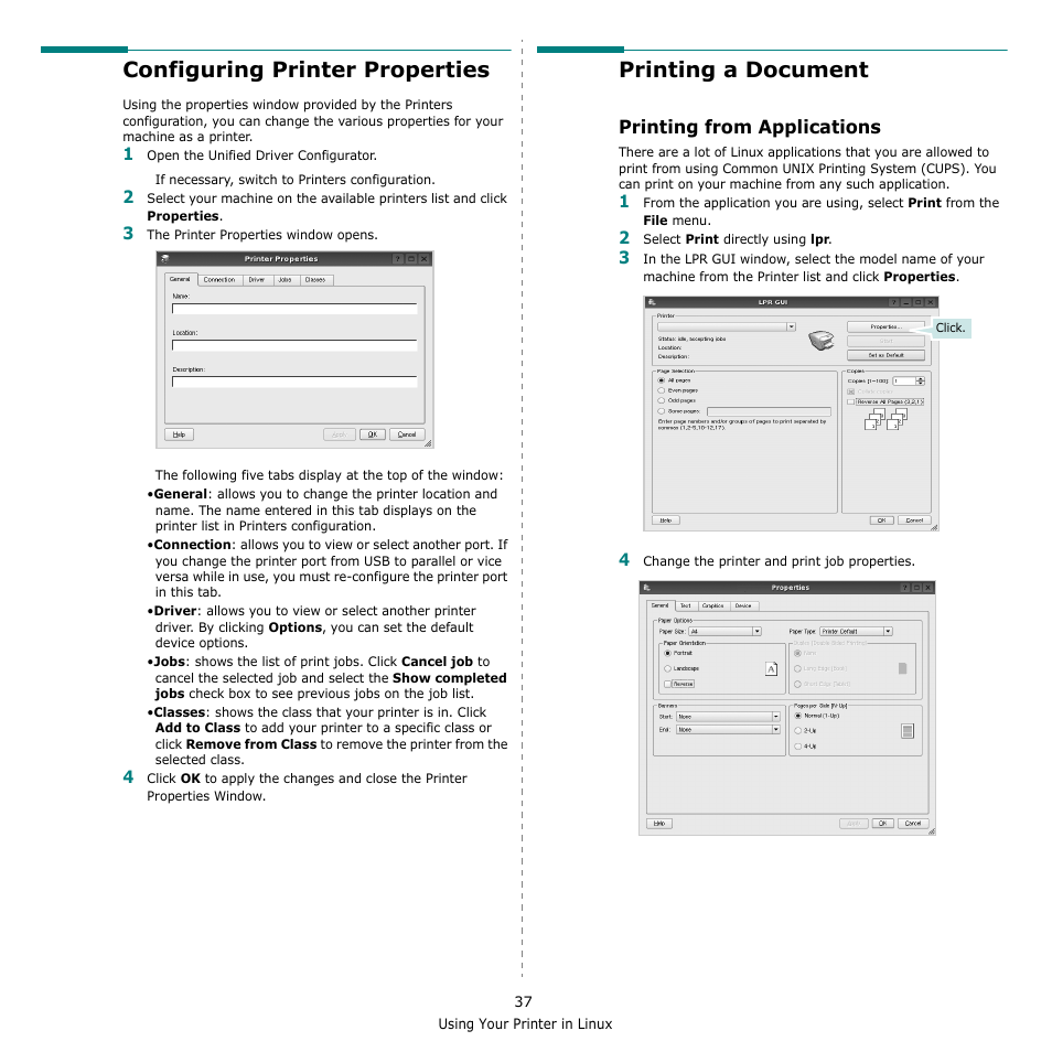 Configuring printer properties, Printing a document, Printing from applications | Configuring printer properties printing a document | Muratec Multi Functional Printer MFX-C2500 User Manual | Page 148 / 160