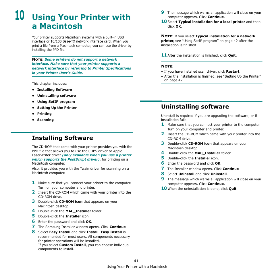 Using your printer with a macintosh, Installing software, Uninstalling software | Chapter 10, Sing, Rinter, With, Acintosh, Installing software uninstalling software | Muratec Multi Functional Printer MFX-C2500 User Manual | Page 152 / 160
