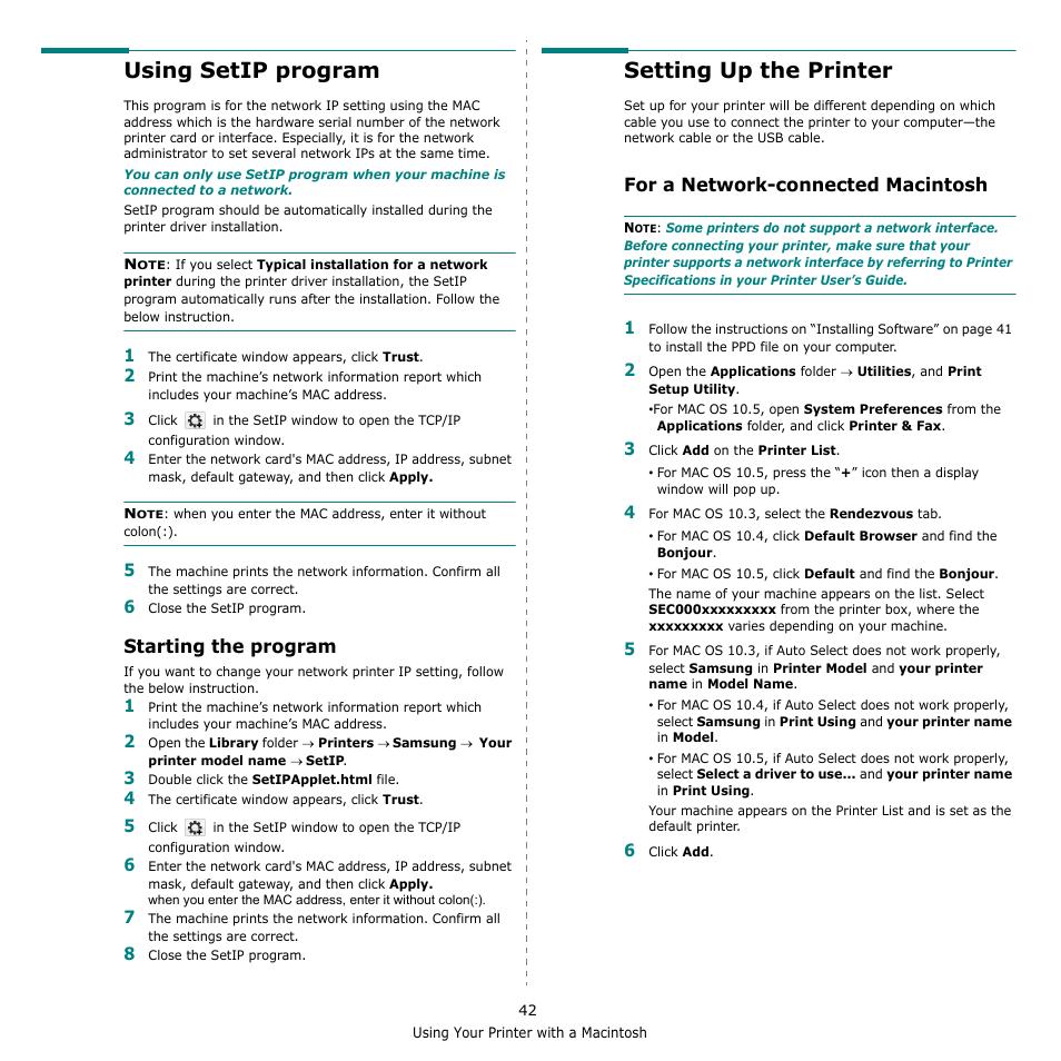 Using setip program, Setting up the printer, For a network-connected macintosh | Using setip program setting up the printer, E “setting up the printer, Starting the program | Muratec Multi Functional Printer MFX-C2500 User Manual | Page 153 / 160