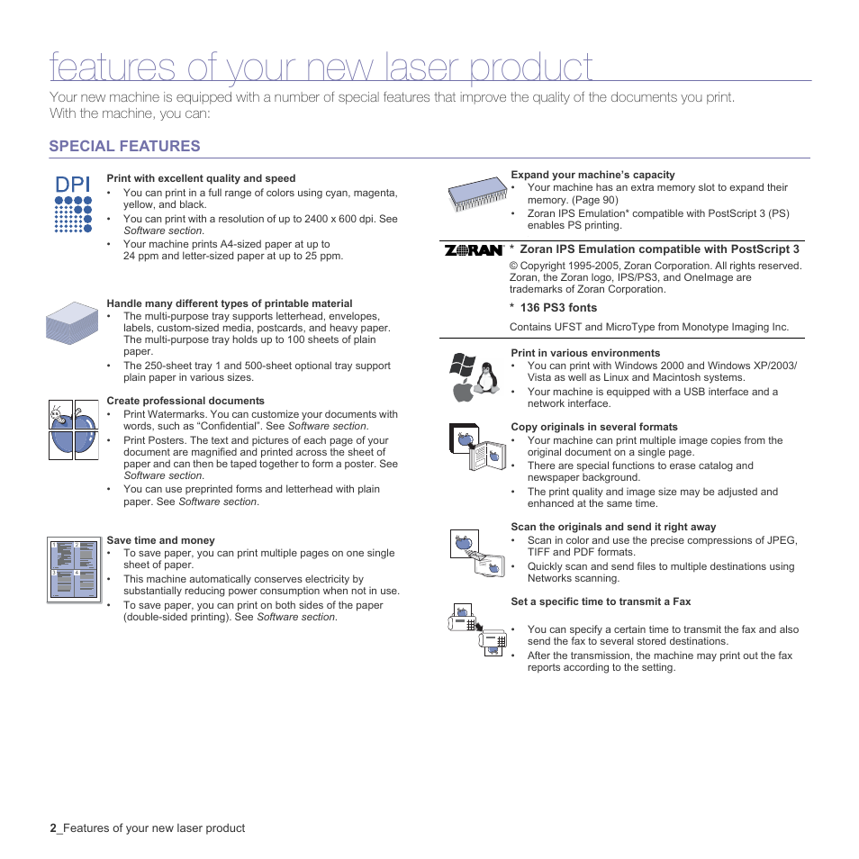 Features of your new laser product, Special features | Muratec Multi Functional Printer MFX-C2500 User Manual | Page 2 / 160