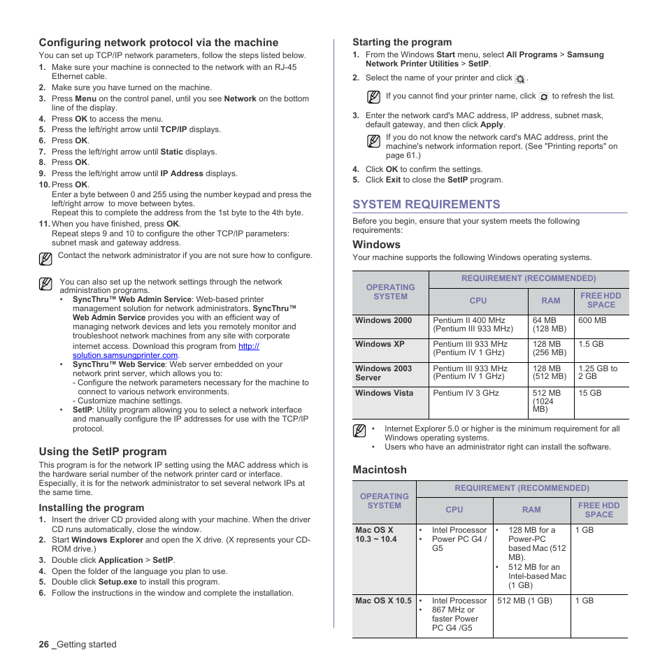 Configuring network protocol via the machine, Using the setip program, System requirements | Windows, Macintosh, 26 system requirements | Muratec Multi Functional Printer MFX-C2500 User Manual | Page 26 / 160