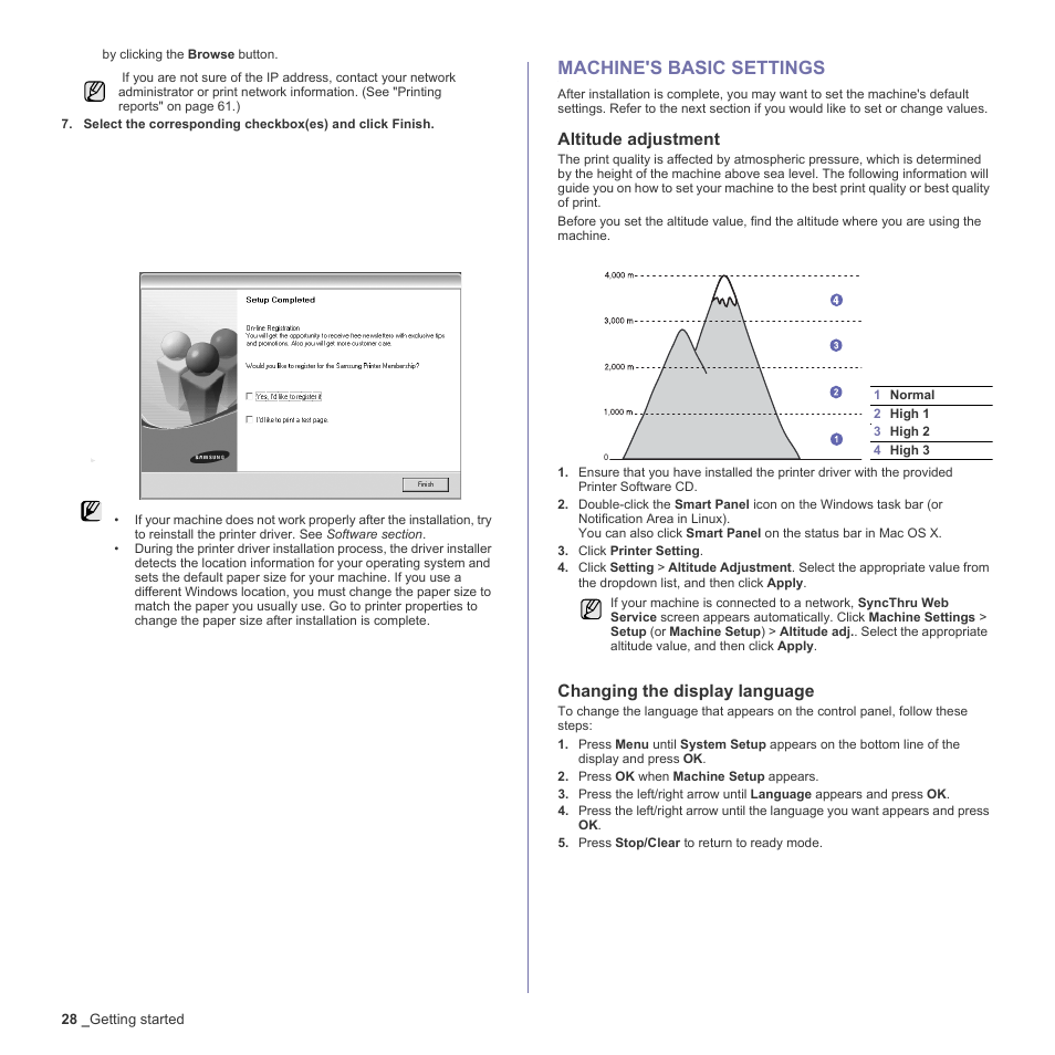 Machine's basic settings, Altitude adjustment, Changing the display language | 28 machine's basic settings, E 