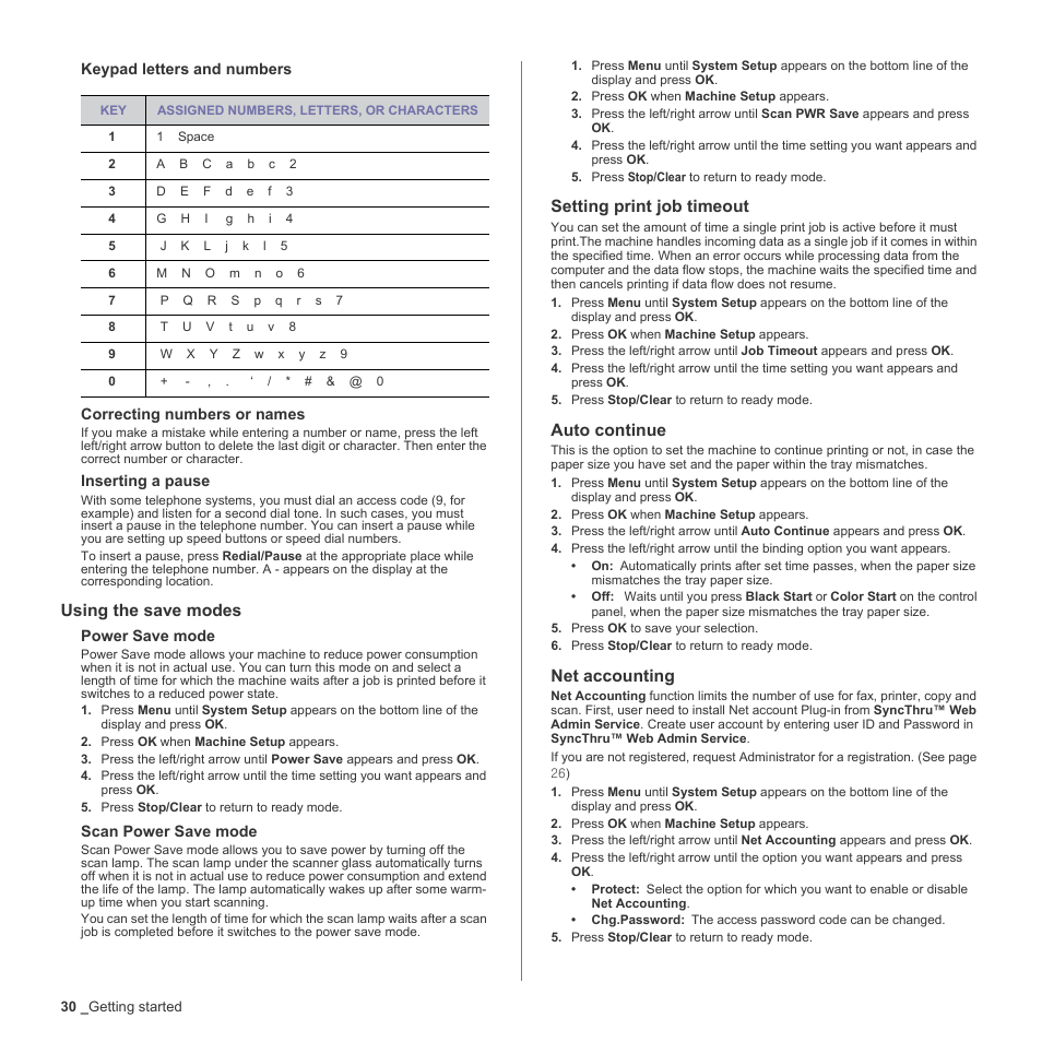 Using the save modes, Setting print job timeout, Auto continue | Net accounting, E 30 | Muratec Multi Functional Printer MFX-C2500 User Manual | Page 30 / 160