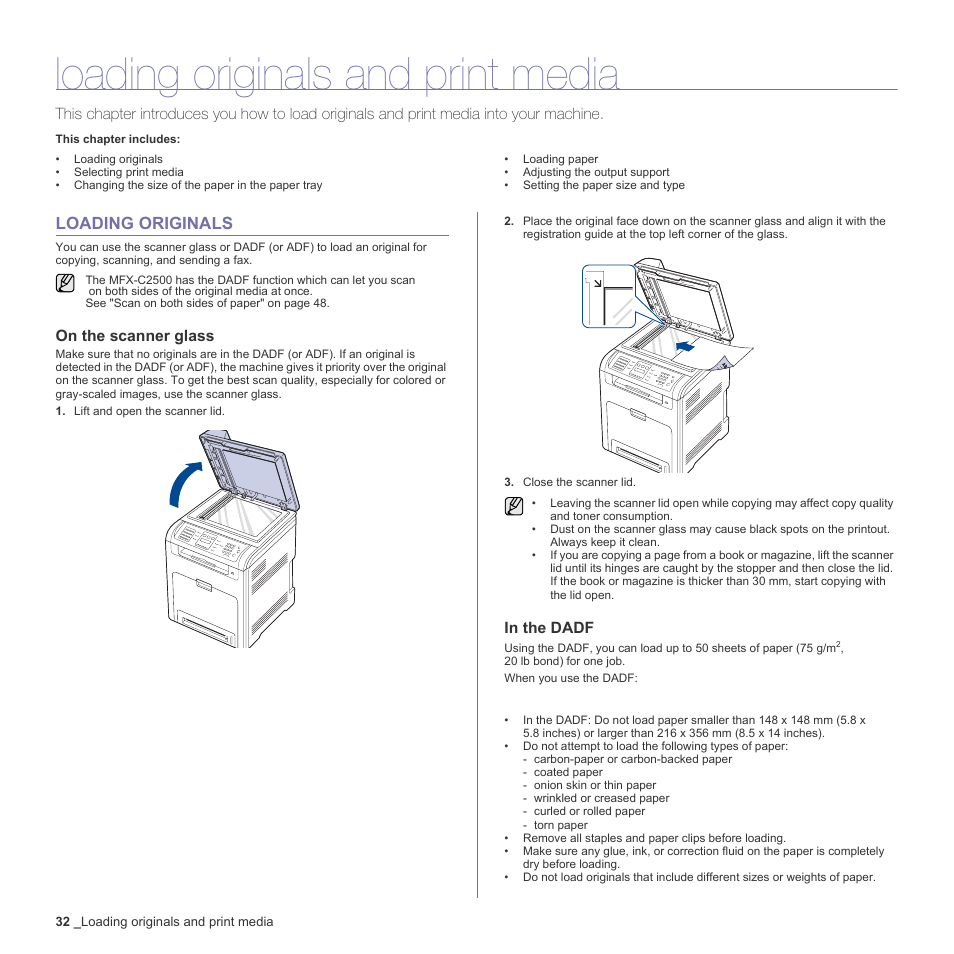 Loading originals and print media, Loading originals, On the scanner glass | In the dadf (or adf), 32 loading originals | Muratec Multi Functional Printer MFX-C2500 User Manual | Page 32 / 160