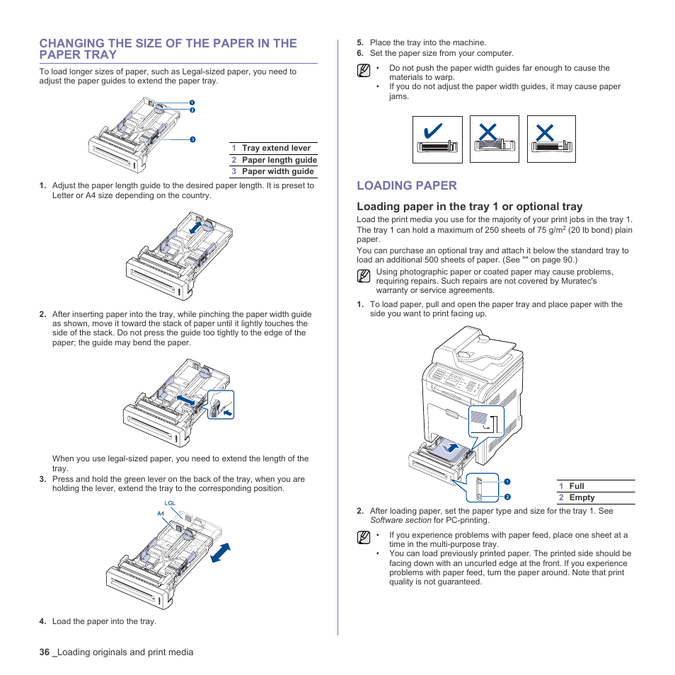 Changing the size of the paper in the paper tray, Loading paper, Loading paper in the tray 1 or optional tray | Muratec Multi Functional Printer MFX-C2500 User Manual | Page 36 / 160