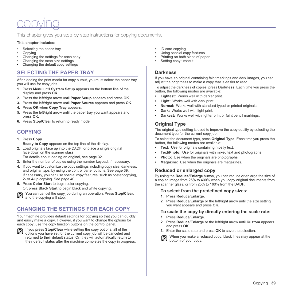 Copying, Selecting the paper tray, Changing the settings for each copy | Darkness, Original type, Reduced or enlarged copy | Muratec Multi Functional Printer MFX-C2500 User Manual | Page 39 / 160