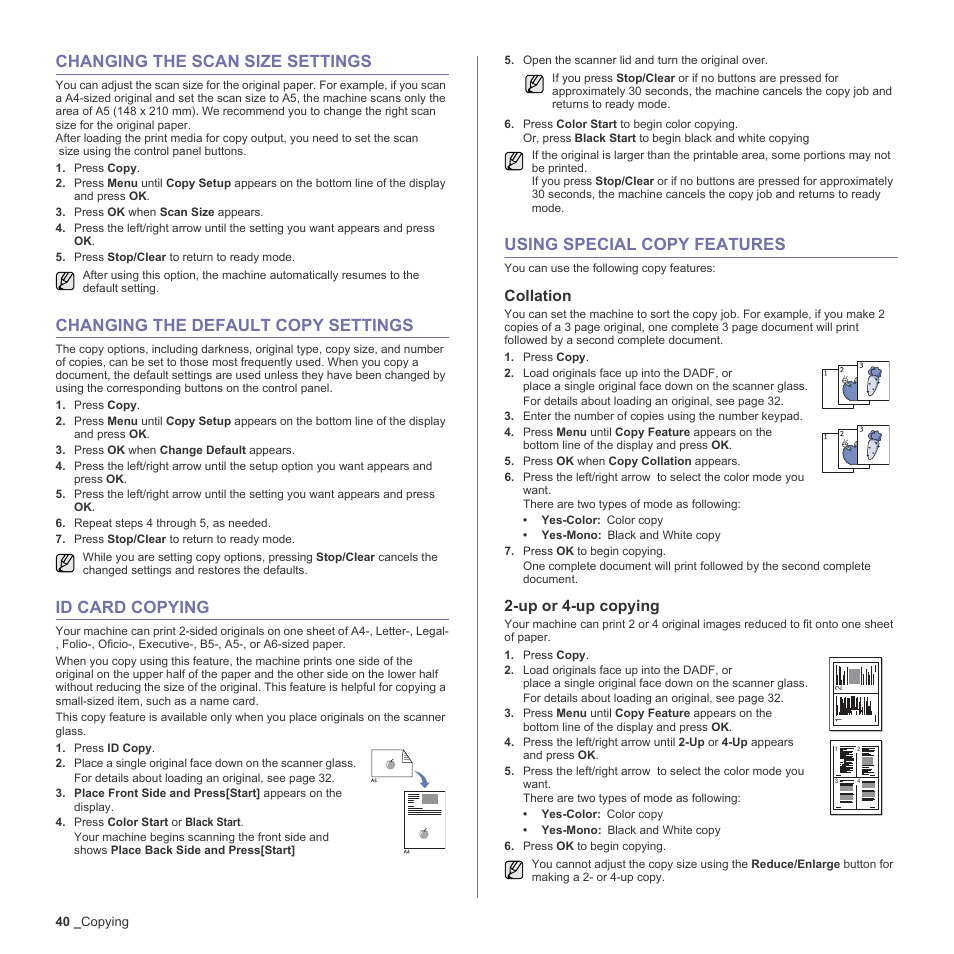 Changing the scan size settings, Changing the default copy settings, Id card copying | Using special copy features, Collation, Up or 4-up copying, Ge 40 | Muratec Multi Functional Printer MFX-C2500 User Manual | Page 40 / 160