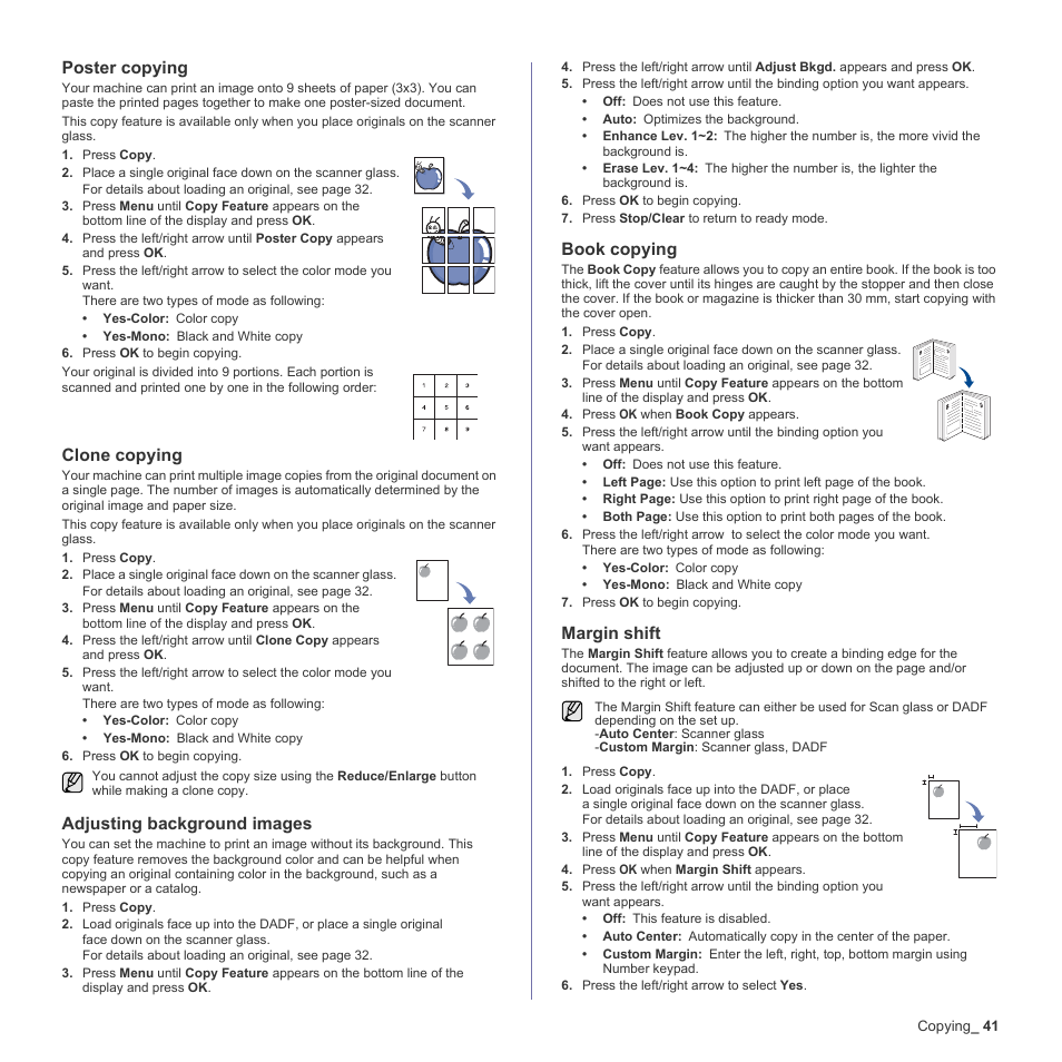 Poster copying, Clone copying, Adjusting background images | Book copying, Margin shift | Muratec Multi Functional Printer MFX-C2500 User Manual | Page 41 / 160