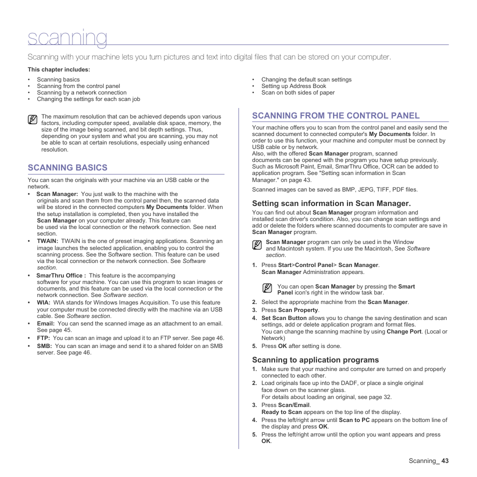 Scanning, Scanning basics, Scanning from the control panel | Setting scan information in samsung scan manager, Scanning to application programs | Muratec Multi Functional Printer MFX-C2500 User Manual | Page 43 / 160