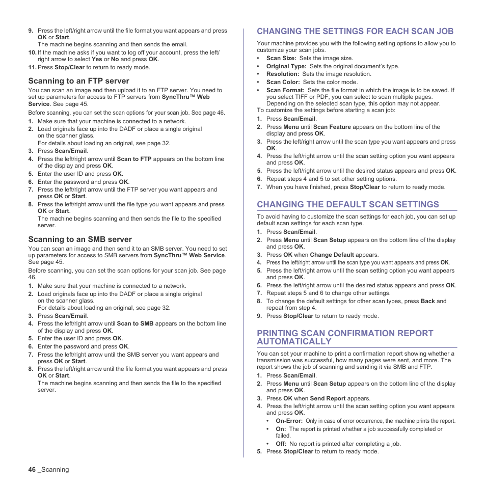 Scanning to an ftp server, Scanning to an smb server, Changing the settings for each scan job | Changing the default scan settings, Printing scan confirmation report automatically | Muratec Multi Functional Printer MFX-C2500 User Manual | Page 46 / 160