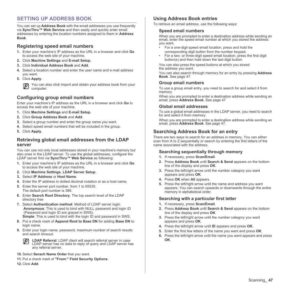 Setting up address book, Registering speed email numbers, Configuring group email numbers | Using address book entries, Searching address book for an entry, 47 setting up address book | Muratec Multi Functional Printer MFX-C2500 User Manual | Page 47 / 160