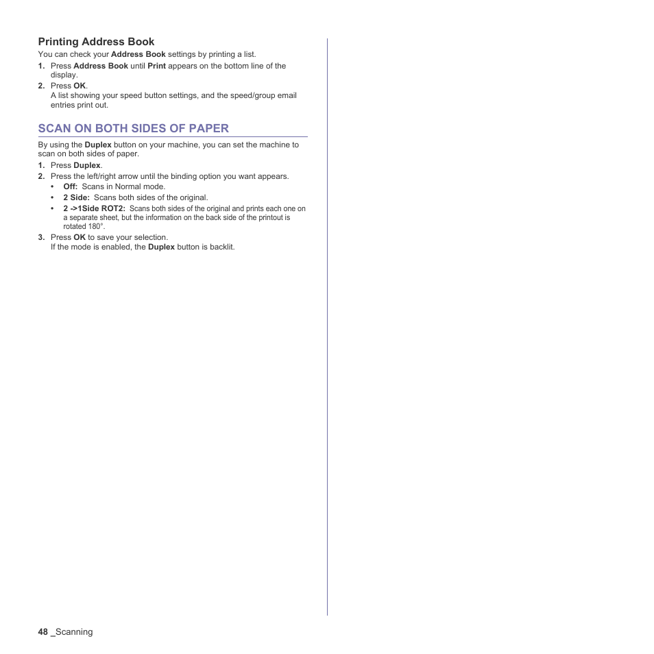 Printing address book, Scan on both sides of paper, 48 scan on both sides of paper | Muratec Multi Functional Printer MFX-C2500 User Manual | Page 48 / 160