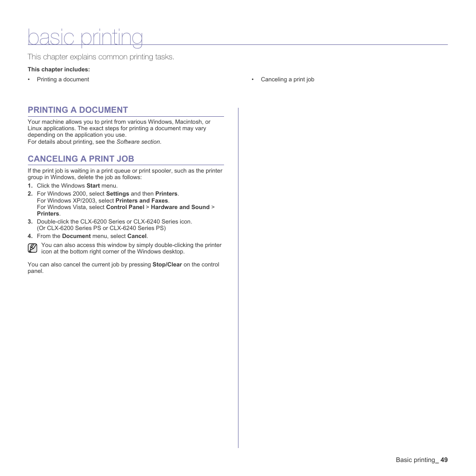 Basic printing, Printing a document, Canceling a print job | 49 printing a document 49 canceling a print job | Muratec Multi Functional Printer MFX-C2500 User Manual | Page 49 / 160