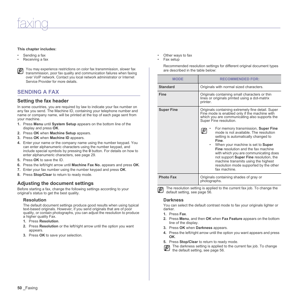 Faxing, Sending a fax, Setting the fax header | Adjusting the document settings, 50 sending a fax | Muratec Multi Functional Printer MFX-C2500 User Manual | Page 50 / 160