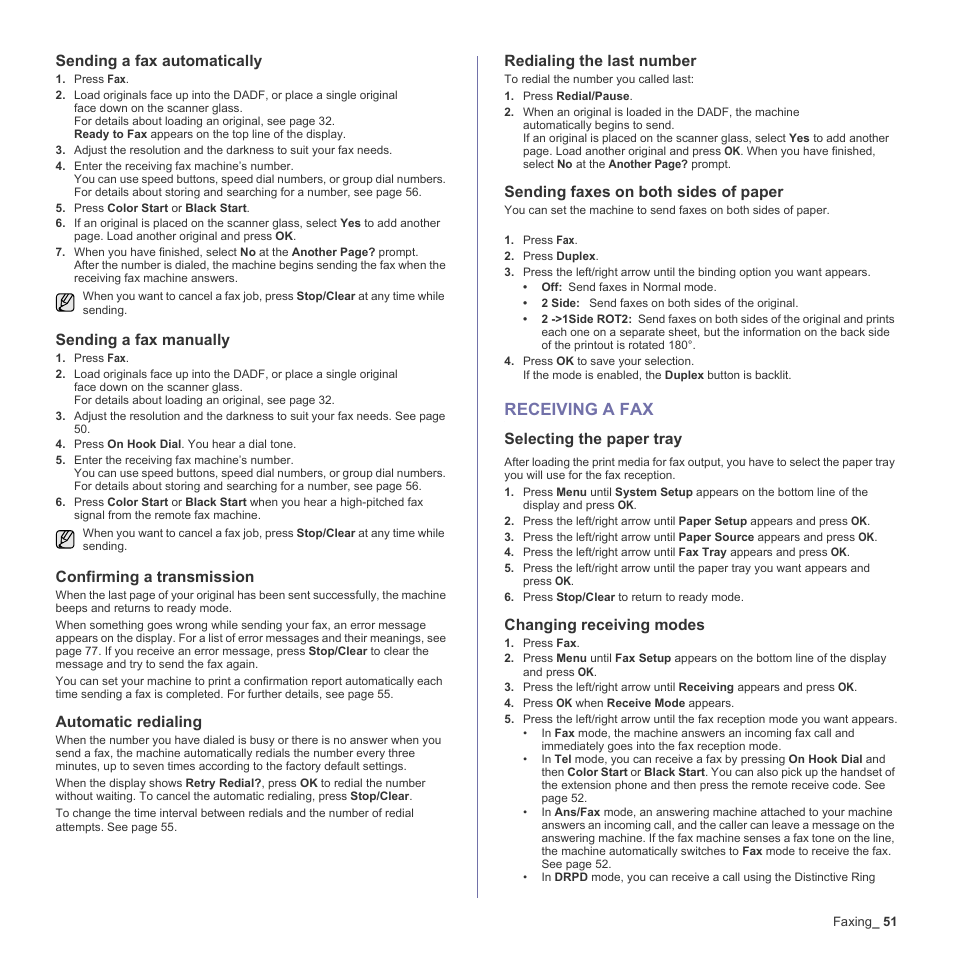 Sending a fax automatically, Sending a fax manually, Confirming a transmission | Automatic redialing, Redialing the last number, Sending faxes on both sides of paper, Receiving a fax, Selecting the paper tray, Changing receiving modes, 51 receiving a fax | Muratec Multi Functional Printer MFX-C2500 User Manual | Page 51 / 160