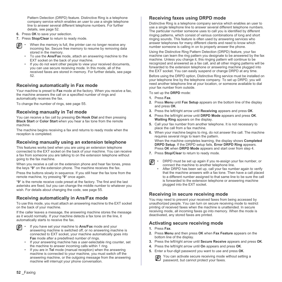 Receiving automatically in fax mode, Receiving manually in tel mode, Receiving manually using an extension telephone | Receiving automatically in ans/fax mode, Receiving faxes using drpd mode, Receiving in secure receiving mode, Activating secure receiving mode | Muratec Multi Functional Printer MFX-C2500 User Manual | Page 52 / 160