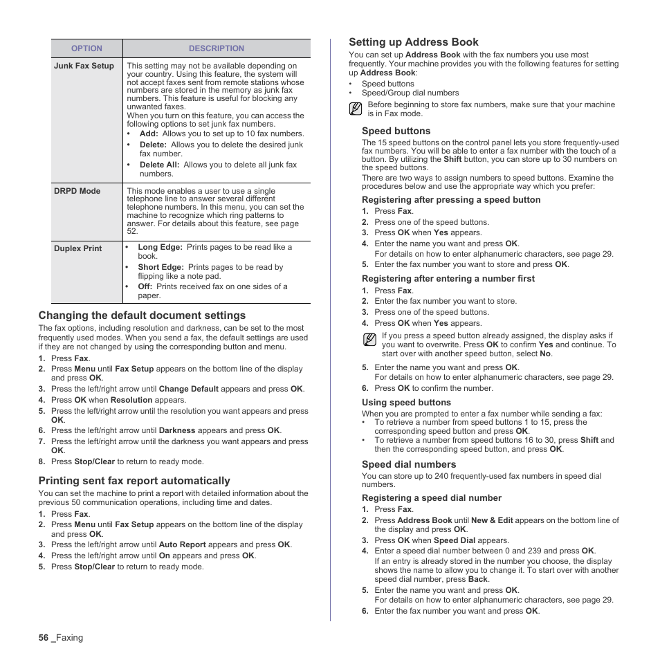 Changing the default document settings, Printing sent fax report automatically, Setting up address book | Age 56, E 56 | Muratec Multi Functional Printer MFX-C2500 User Manual | Page 56 / 160