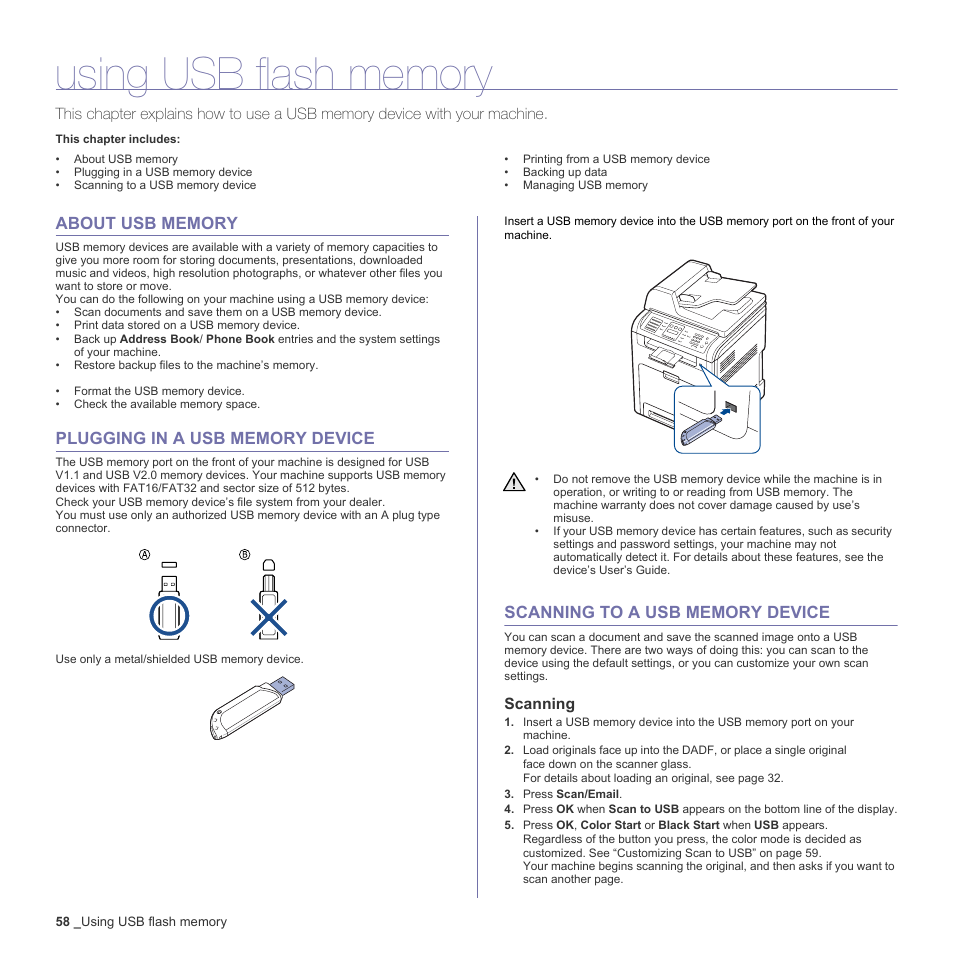 Using usb flash memory, About usb memory, Plugging in a usb memory device | Scanning to a usb memory device, Scanning, Ge 58 | Muratec Multi Functional Printer MFX-C2500 User Manual | Page 58 / 160