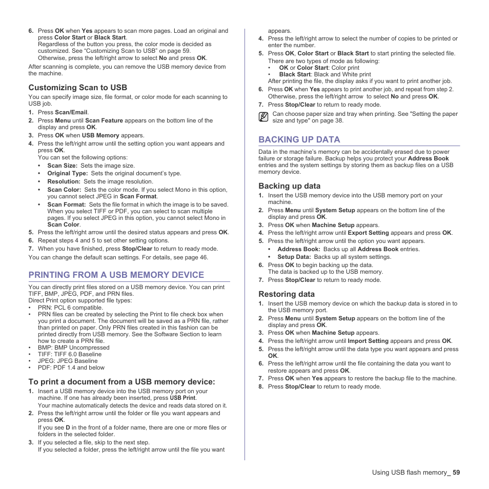 Customizing scan to usb, Printing from a usb memory device, To print a document from a usb memory device | Backing up data, Restoring data, 59 printing from a usb memory device, 59 backing up data, Customizing scan to usb” on, Age 59 | Muratec Multi Functional Printer MFX-C2500 User Manual | Page 59 / 160