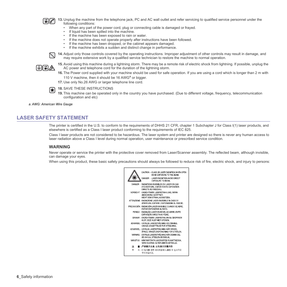 Laser safety statement | Muratec Multi Functional Printer MFX-C2500 User Manual | Page 6 / 160