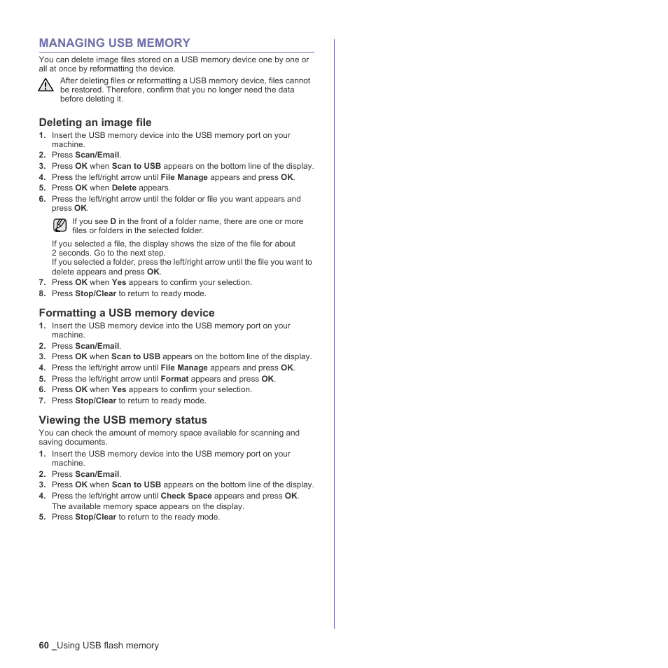 Managing usb memory, Deleting an image file, Formatting a usb memory device | Viewing the usb memory status, 60 managing usb memory | Muratec Multi Functional Printer MFX-C2500 User Manual | Page 60 / 160