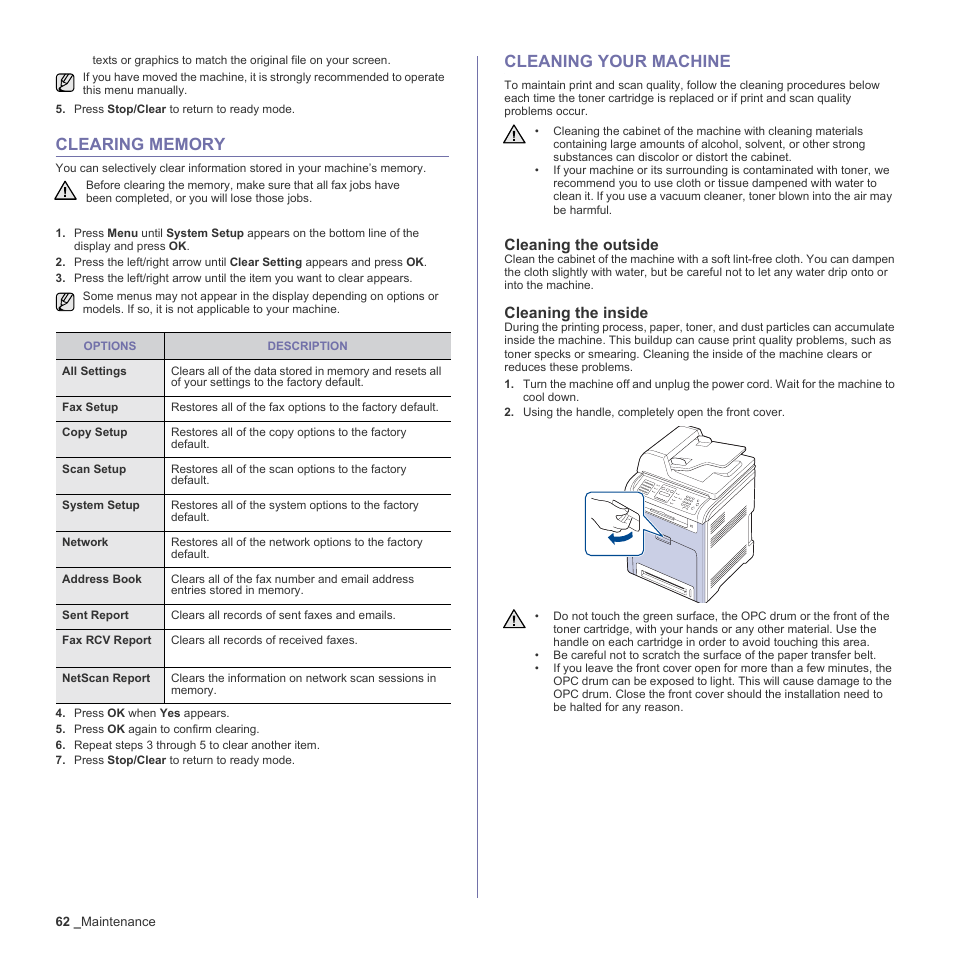 Clearing memory, Cleaning your machine, Cleaning the outside | Cleaning the inside, 62 clearing memory 62 cleaning your machine | Muratec Multi Functional Printer MFX-C2500 User Manual | Page 62 / 160